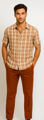 Mens Textured Plaid Walking Suit in Papaya/Cream by Dreams by Zacchi – 2 Piece Leisure Outfit with Matching Shirt and Pants - $99