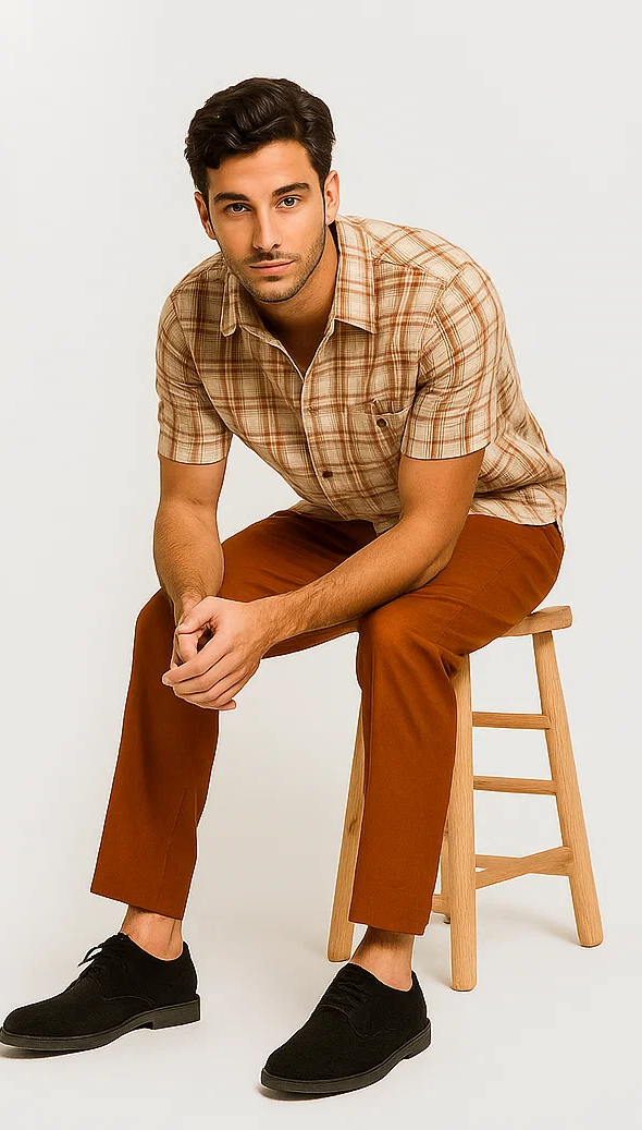 Mens Textured Plaid Walking Suit in Papaya/Cream by Dreams by Zacchi – 2 Piece Leisure Outfit with Matching Shirt and Pants - $99