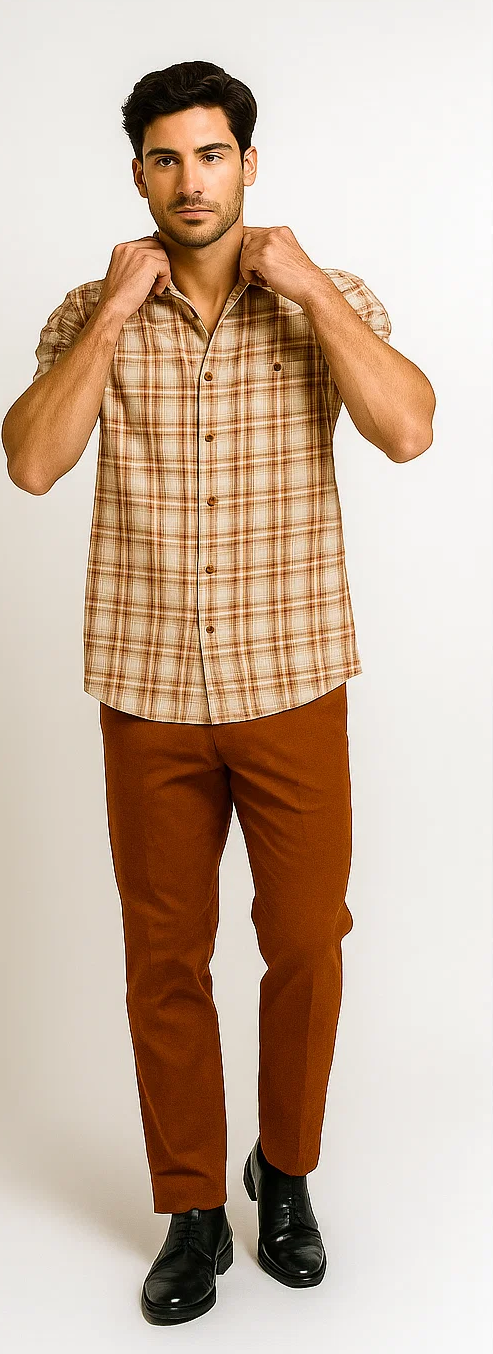 Mens Textured Plaid Walking Suit in Papaya/Cream by Dreams by Zacchi – 2 Piece Leisure Outfit with Matching Shirt and Pants - $99