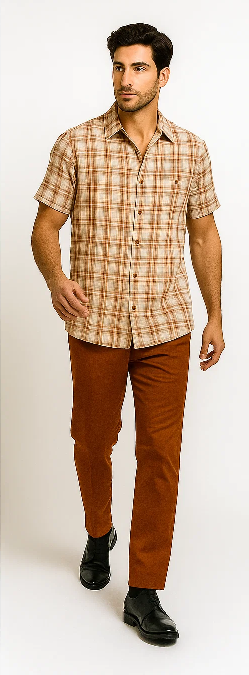 Mens Textured Plaid Walking Suit in Papaya/Cream by Dreams by Zacchi – 2 Piece Leisure Outfit with Matching Shirt and Pants - $99