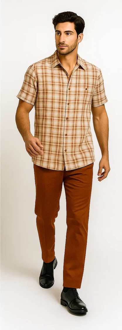 Mens Textured Plaid Walking Suit in Papaya/Cream by Dreams by Zacchi – 2 Piece Leisure Outfit with Matching Shirt and Pants - $99