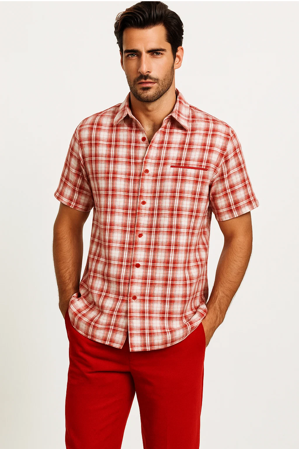 Mens Textured Plaid Walking Suit in Red/Off White by Dreams by Zacchi – 2 Piece Leisure Outfit with Matching Shirt and Pants - $99