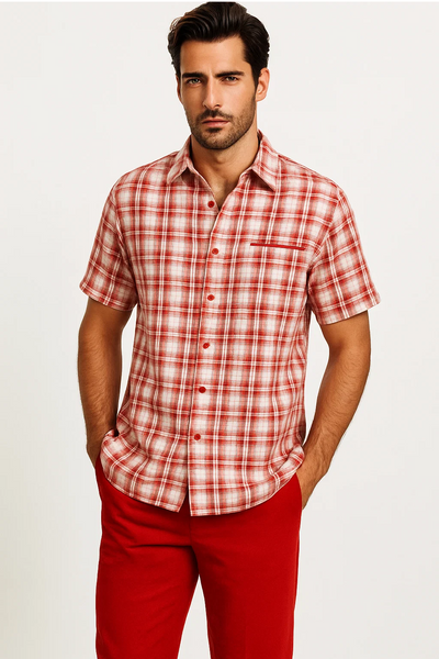 Mens Textured Plaid Walking Suit in Red/Off White by Dreams by Zacchi – 2 Piece Leisure Outfit with Matching Shirt and Pants - $99 1   - from alligatorwarehouse.com