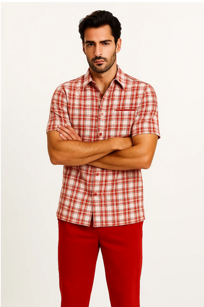 Mens Textured Plaid Walking Suit in Red/Off White by Dreams by Zacchi – 2 Piece Leisure Outfit with Matching Shirt and Pants - $99