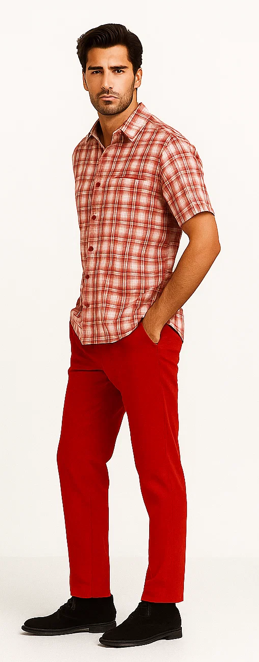 Mens Textured Plaid Walking Suit in Red/Off White by Dreams by Zacchi – 2 Piece Leisure Outfit with Matching Shirt and Pants - $99