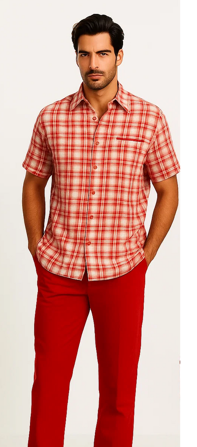 Mens Textured Plaid Walking Suit in Red/Off White by Dreams by Zacchi – 2 Piece Leisure Outfit with Matching Shirt and Pants - $99 5   - from alligatorwarehouse.com