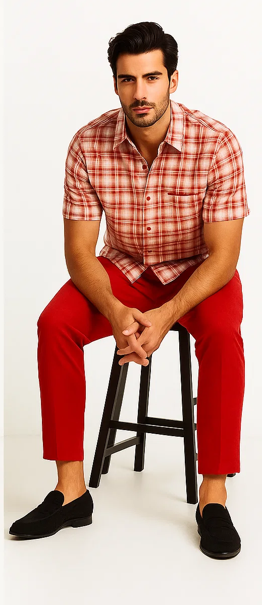 Mens Textured Plaid Walking Suit in Red/Off White by Dreams by Zacchi – 2 Piece Leisure Outfit with Matching Shirt and Pants - $99