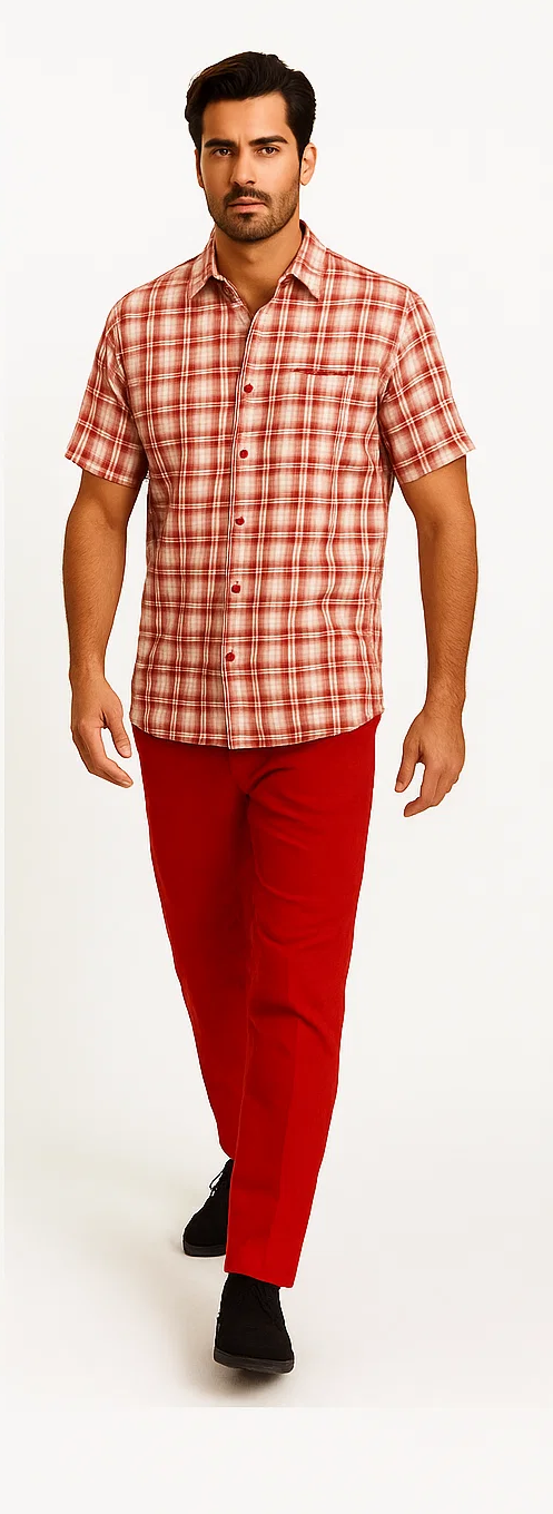 Mens Textured Plaid Walking Suit in Red/Off White by Dreams by Zacchi – 2 Piece Leisure Outfit with Matching Shirt and Pants - $99