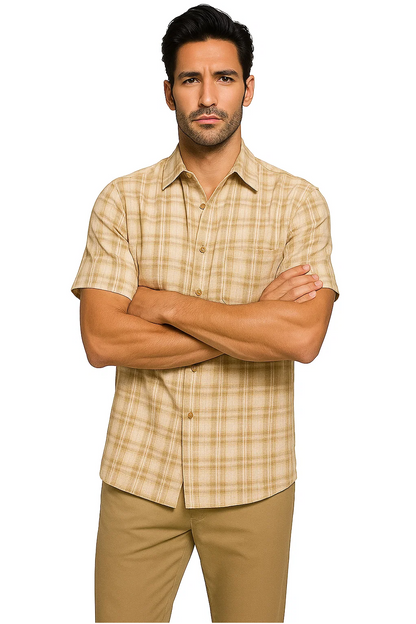 Mens Textured Plaid Walking Suit in Tan/cream by Dreams by Zacchi – 2 Piece Leisure Outfit with Matching Shirt and Pants - $99