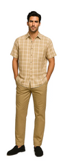 Mens Textured Plaid Walking Suit in Tan/cream by Dreams by Zacchi – 2 Piece Leisure Outfit with Matching Shirt and Pants - $99