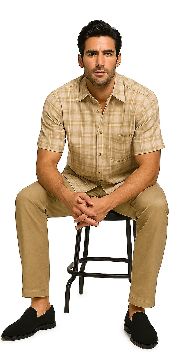 Mens Textured Plaid Walking Suit in Tan/cream by Dreams by Zacchi – 2 Piece Leisure Outfit with Matching Shirt and Pants - $99