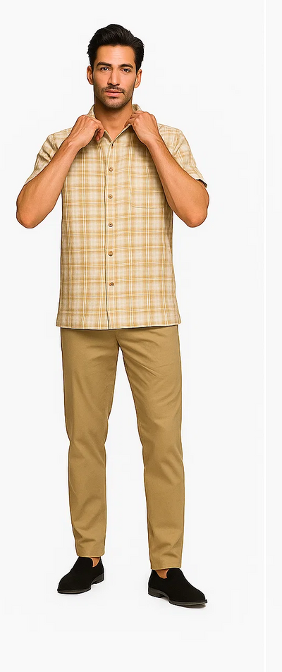 Mens Textured Plaid Walking Suit in Tan/cream by Dreams by Zacchi – 2 Piece Leisure Outfit with Matching Shirt and Pants - $99 7   - from alligatorwarehouse.com