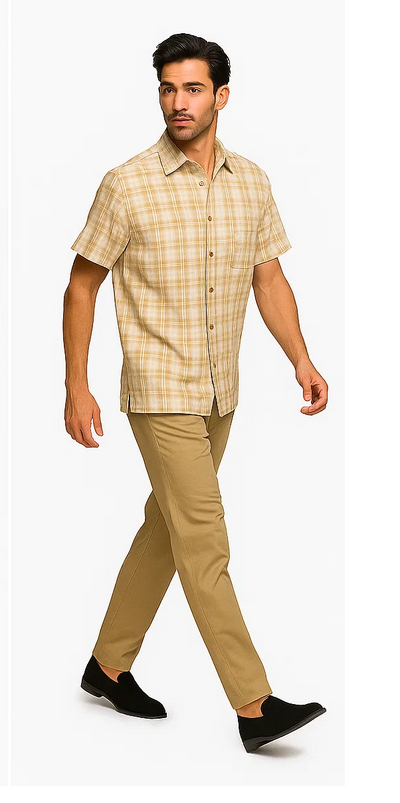 Mens Textured Plaid Walking Suit in Tan/cream by Dreams by Zacchi – 2 Piece Leisure Outfit with Matching Shirt and Pants - $99 8   - from alligatorwarehouse.com