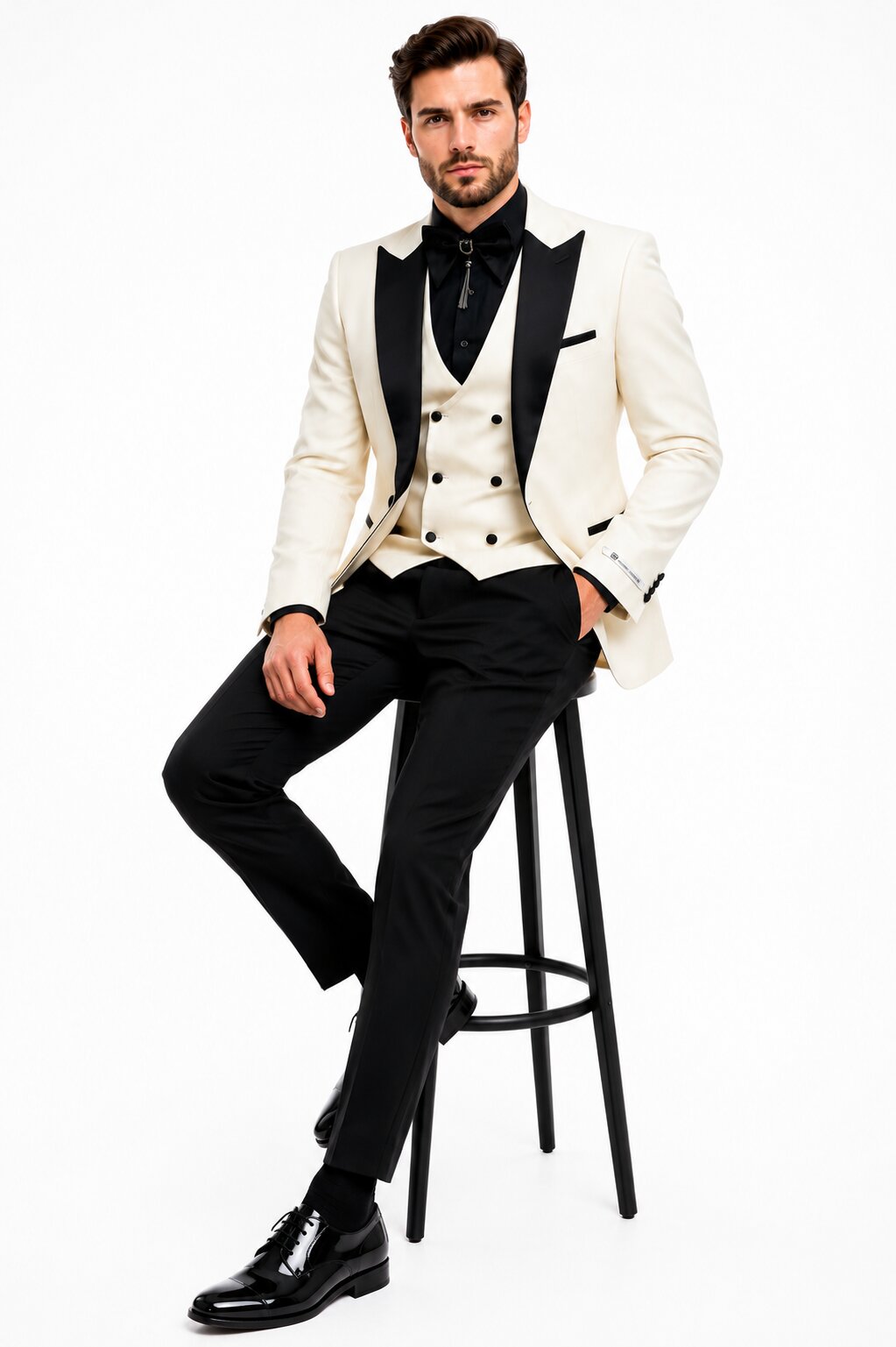 Giovanni Testi Suits With Double Breasted Vest - 3 Pieces Ivory and Black Peak Lapel Suit