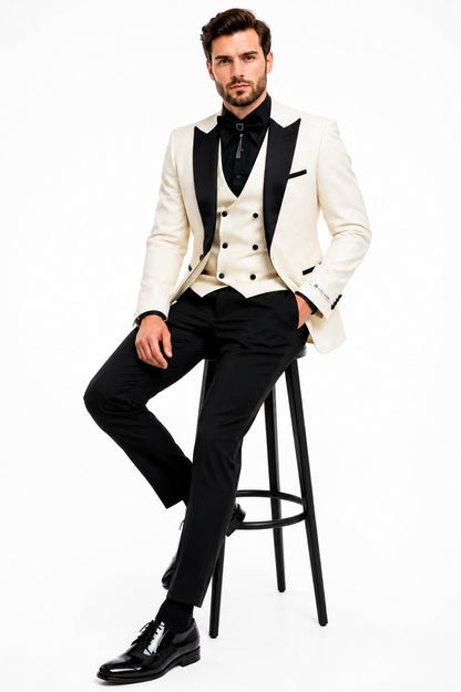 Giovanni Testi Suits With Double Breasted Vest - 3 Pieces Ivory and Black Peak Lapel Suit