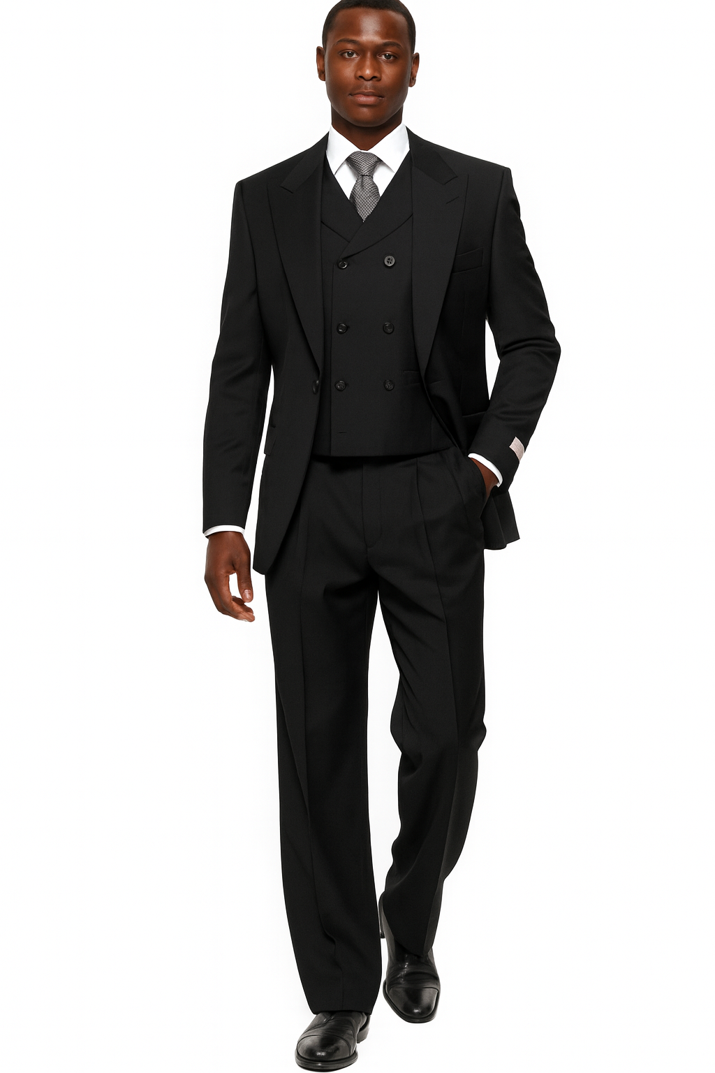 Mens Tiglio Rosso Suit - Wide Leg Baggy Pants - 100% Wool  Black Three-Piece Suit with Double-Breasted Vest and Peak Lapel 1   - from alligatorwarehouse.com