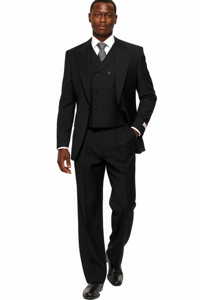 Mens Tiglio Rosso Suit - Wide Leg Baggy Pants - 100% Wool  Black Three-Piece Suit with Double-Breasted Vest and Peak Lapel 1   - from alligatorwarehouse.com