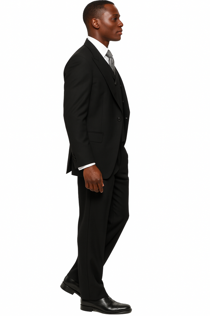 Mens Tiglio Rosso Suit - Wide Leg Baggy Pants - 100% Wool  Black Three-Piece Suit with Double-Breasted Vest and Peak Lapel