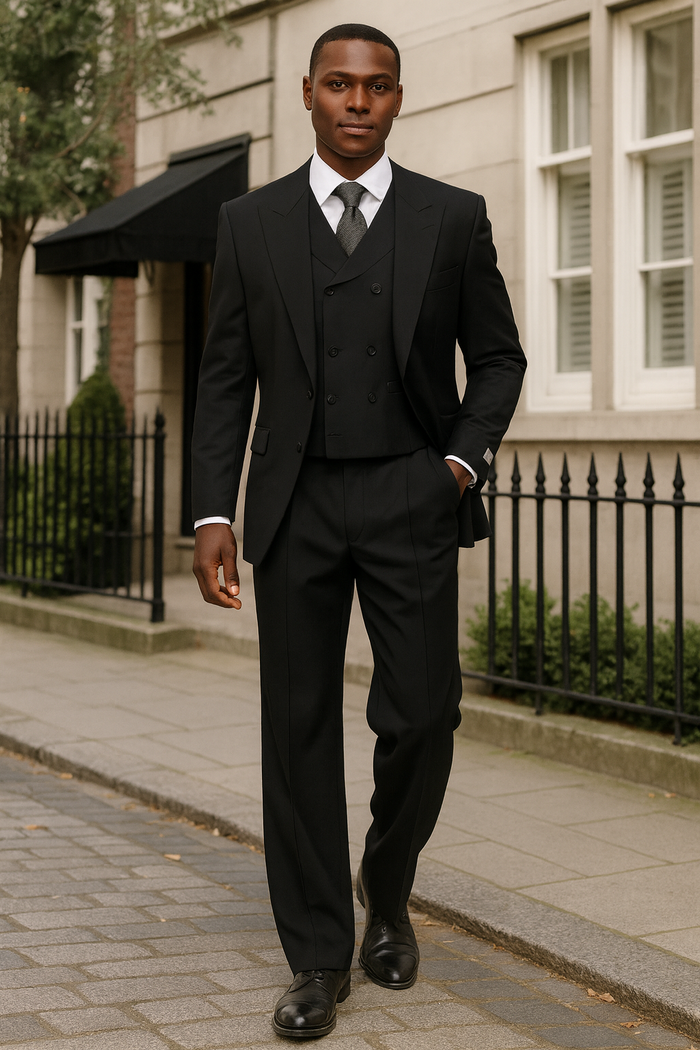 Mens Tiglio Rosso Suit - Wide Leg Baggy Pants - 100% Wool  Black Three-Piece Suit with Double-Breasted Vest and Peak Lapel