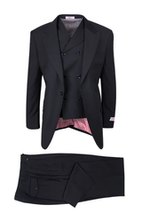 Mens Tiglio Rosso Suit - Wide Leg Baggy Pants - 100% Wool  Black Three-Piece Suit with Double-Breasted Vest and Peak Lapel