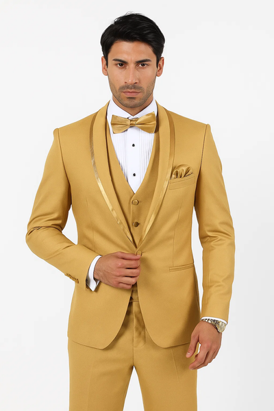 Mens Formal Champagne Tuxedo – Satin Shawl Collar Vested Suit for Prom and Weddings in Gold Color 3   - from alligatorwarehouse.com