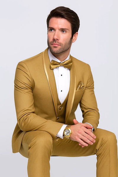 Mens Formal Champagne Tuxedo – Satin Shawl Collar Vested Suit for Prom and Weddings in Gold Color 5   - from alligatorwarehouse.com