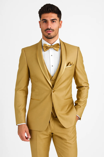 Mens Formal Champagne Tuxedo – Satin Shawl Collar Vested Suit for Prom and Weddings in Gold Color 4   - from alligatorwarehouse.com