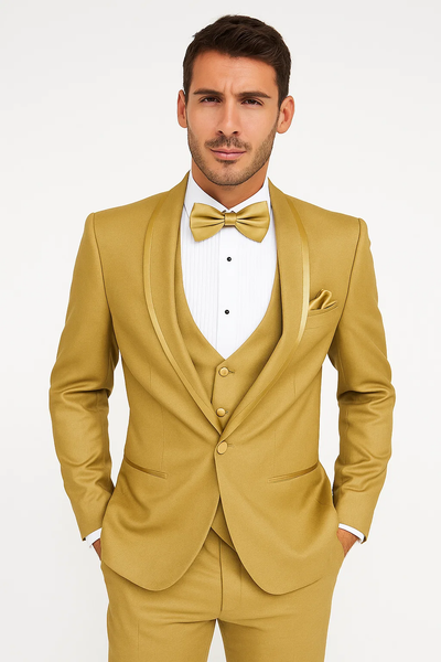 Mens Formal Champagne Tuxedo – Satin Shawl Collar Vested Suit for Prom and Weddings in Gold Color 1   - from alligatorwarehouse.com