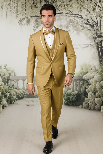 Mens Formal Champagne Tuxedo – Satin Shawl Collar Vested Suit for Prom and Weddings in Gold Color 8   - from alligatorwarehouse.com
