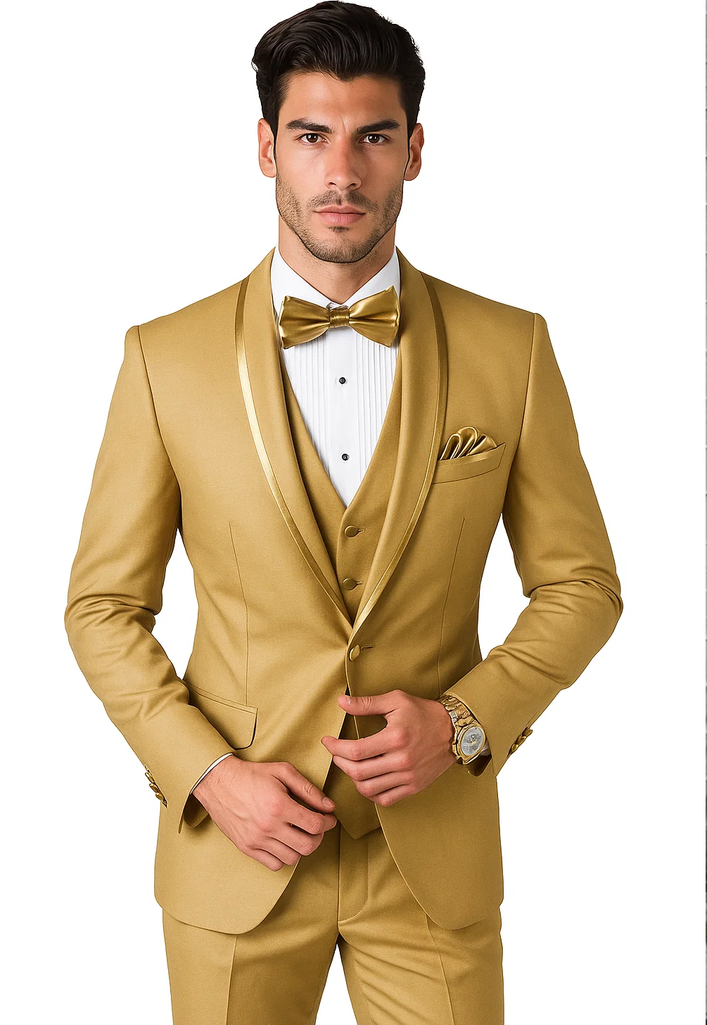Mens Formal Champagne Tuxedo – Satin Shawl Collar Vested Suit for Prom and Weddings in Gold Color
