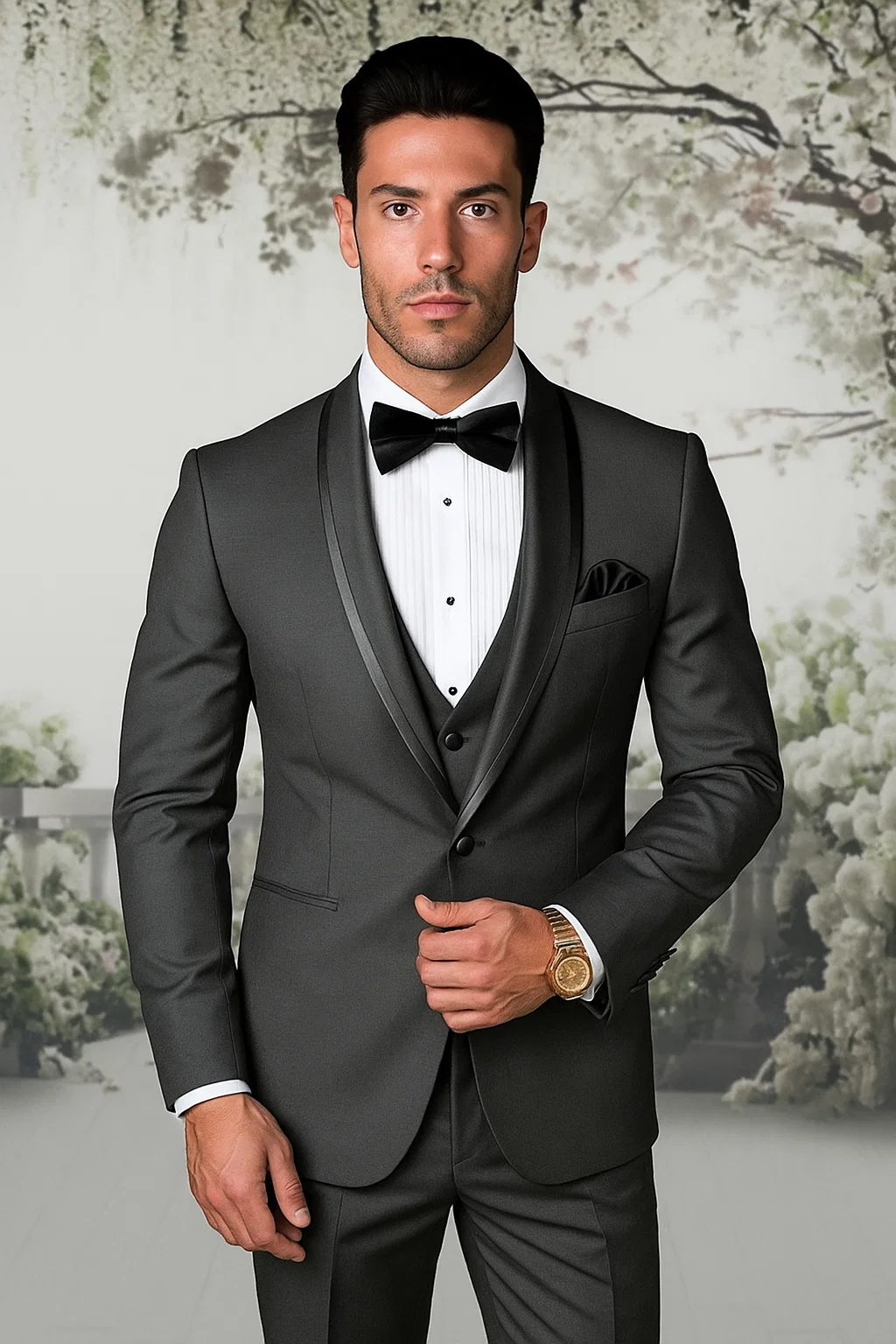 Mens Charcoal Tuxedo – Satin Shawl Lapel 3-Piece Suit for Weddings 2   - from alligatorwarehouse.com