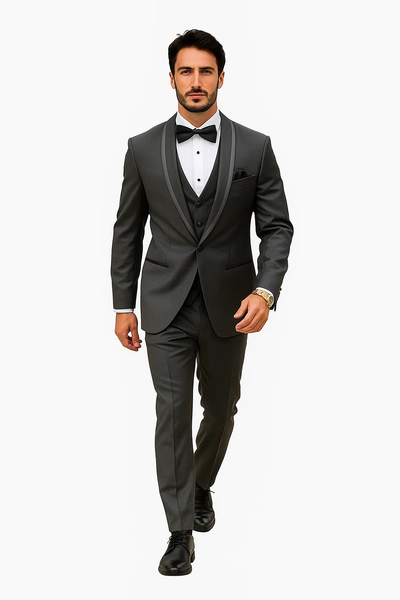 Mens Charcoal Tuxedo – Satin Shawl Lapel 3-Piece Suit for Weddings 8   - from alligatorwarehouse.com