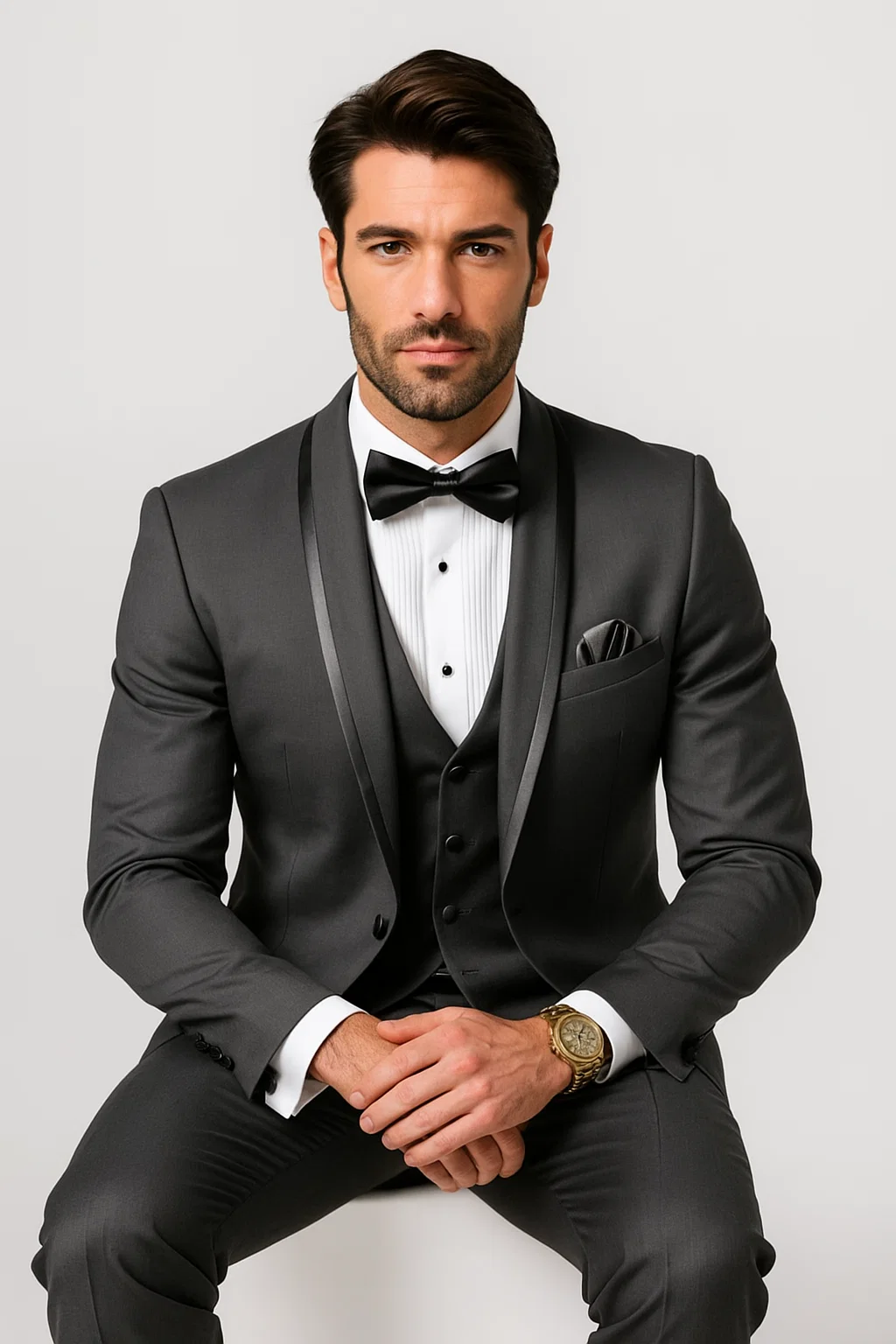 Mens Charcoal Tuxedo – Satin Shawl Lapel 3-Piece Suit for Weddings 4   - from alligatorwarehouse.com