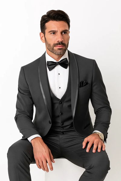 Mens Charcoal Tuxedo – Satin Shawl Lapel 3-Piece Suit for Weddings 3   - from alligatorwarehouse.com