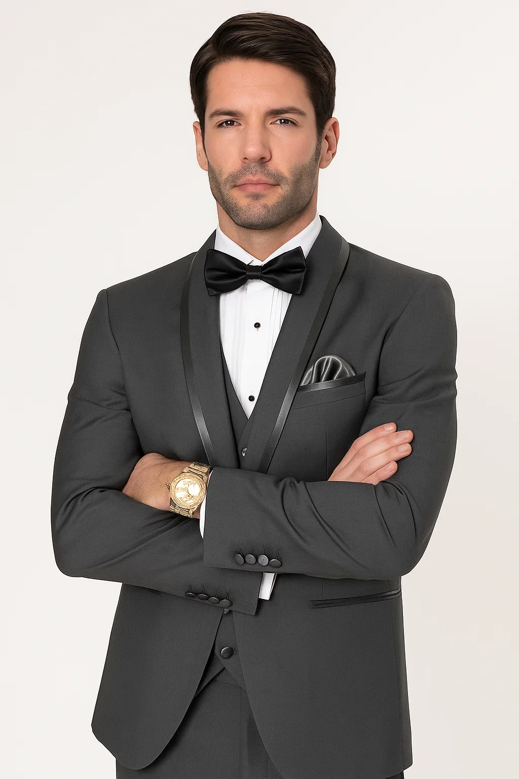Mens Charcoal Tuxedo – Satin Shawl Lapel 3-Piece Suit for Weddings 5   - from alligatorwarehouse.com