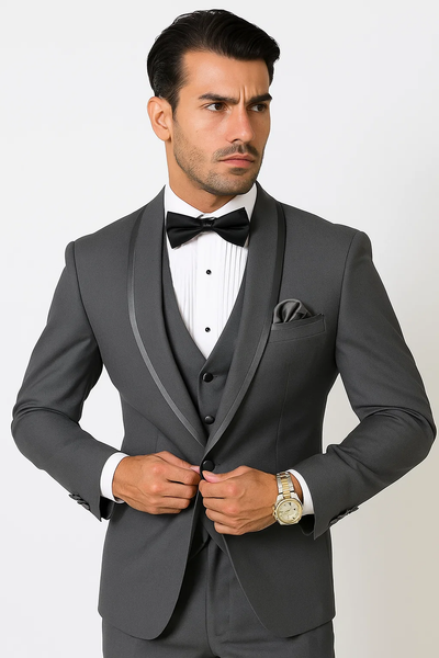 Mens Charcoal Tuxedo – Satin Shawl Lapel 3-Piece Suit for Weddings 6   - from alligatorwarehouse.com