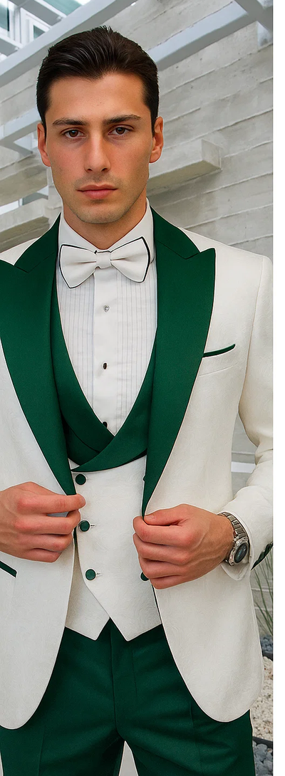 White Paisley & Hunter Green Tuxedo for Men – Vested Wool Suit with Peak Lapel 7   - from alligatorwarehouse.com
