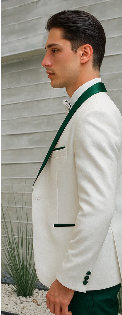 White Paisley & Hunter Green Tuxedo for Men – Vested Wool Suit with Peak Lapel 8   - from alligatorwarehouse.com