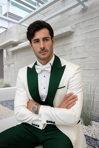 White Paisley & Hunter Green Tuxedo for Men – Vested Wool Suit with Peak Lapel 3   - from alligatorwarehouse.com