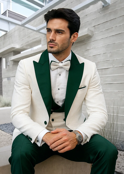 White Paisley & Hunter Green Tuxedo for Men – Vested Wool Suit with Peak Lapel 2   - from alligatorwarehouse.com