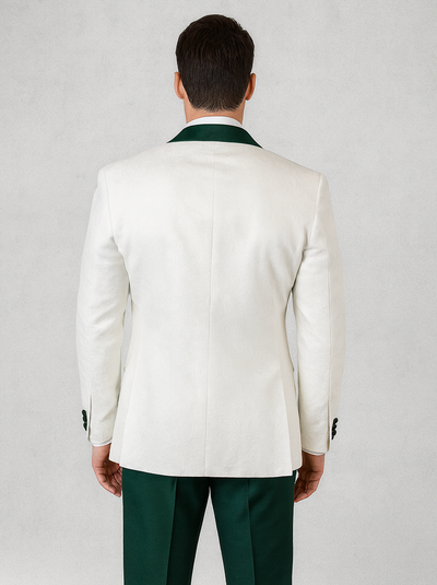 White Paisley & Hunter Green Tuxedo for Men – Vested Wool Suit with Peak Lapel 6   - from alligatorwarehouse.com
