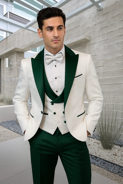 White Paisley & Hunter Green Tuxedo for Men – Vested Wool Suit with Peak Lapel 4   - from alligatorwarehouse.com