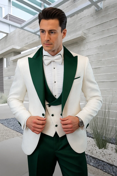 White Paisley & Hunter Green Tuxedo for Men – Vested Wool Suit with Peak Lapel 5   - from alligatorwarehouse.com