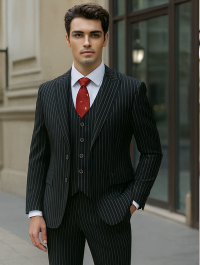 Mens Vested Gangster Pinstripe 1920's Suit in Black 1 S9-5369  - from alligatorwarehouse.com