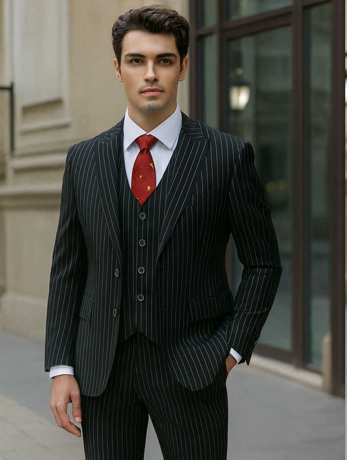 Mens Vested Gangster Pinstripe 1920's Suit in Black