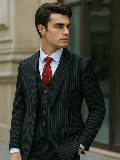 Mens Vested Gangster Pinstripe 1920's Suit in Black 3 S9-5369  - from alligatorwarehouse.com
