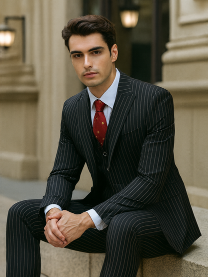 Mens Vested Gangster Pinstripe 1920's Suit in Black