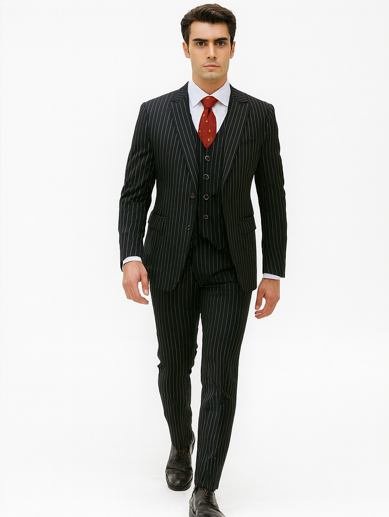 Mens Vested Gangster Pinstripe 1920's Suit in Black