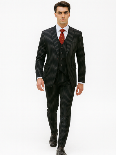 Mens Vested Gangster Pinstripe 1920's Suit in Black 6 S9-5369  - from alligatorwarehouse.com