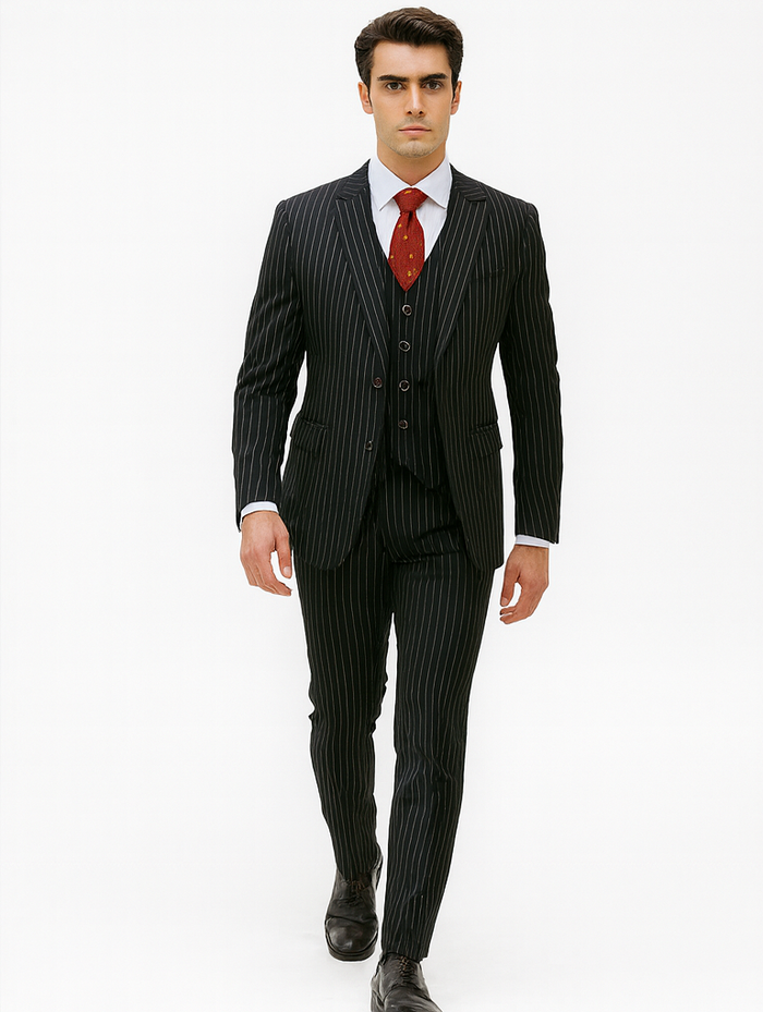 Mens Vested Gangster Pinstripe 1920's Suit in Black